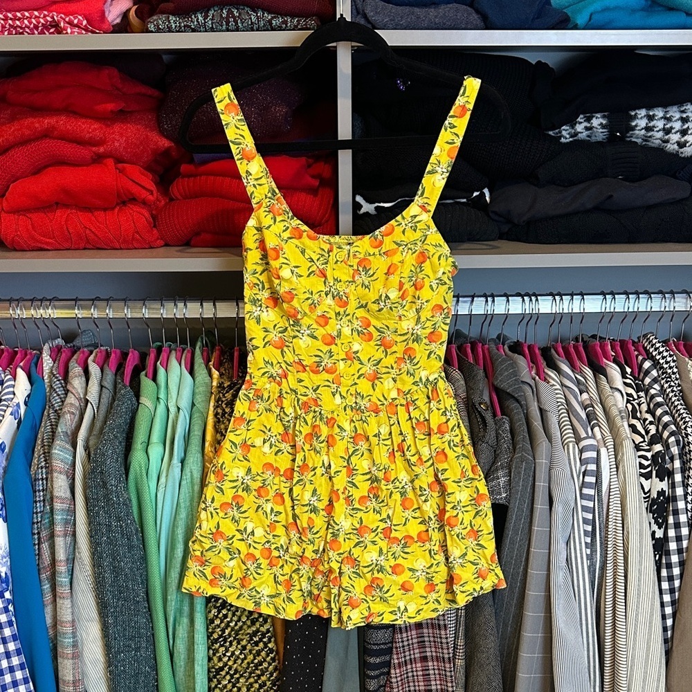 Wild Fable yellow/orange/green print adjustable strap smocked back romper size S